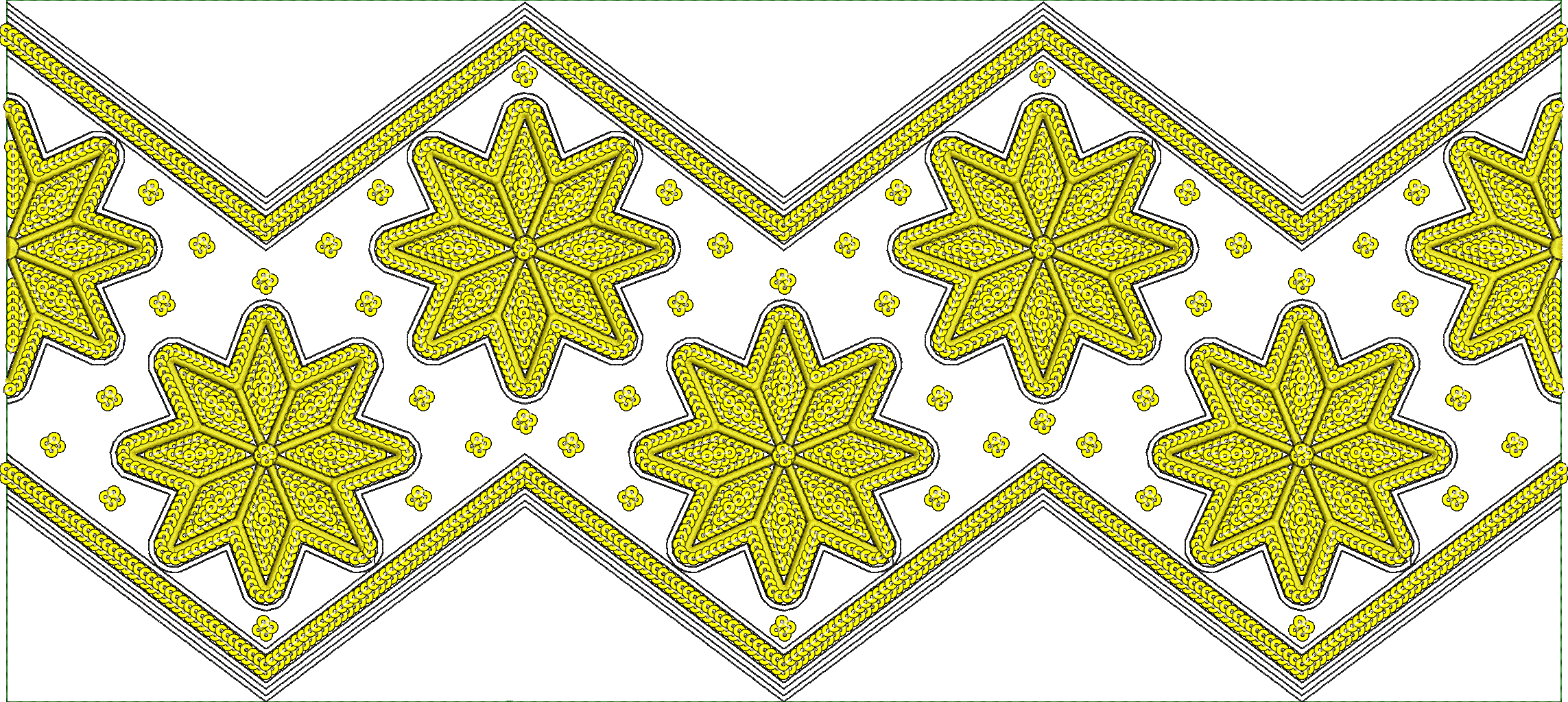 Embroidery design: A repeating embroidery design featuring yellow star-shaped medallions and a yellow chevron border on a white background.