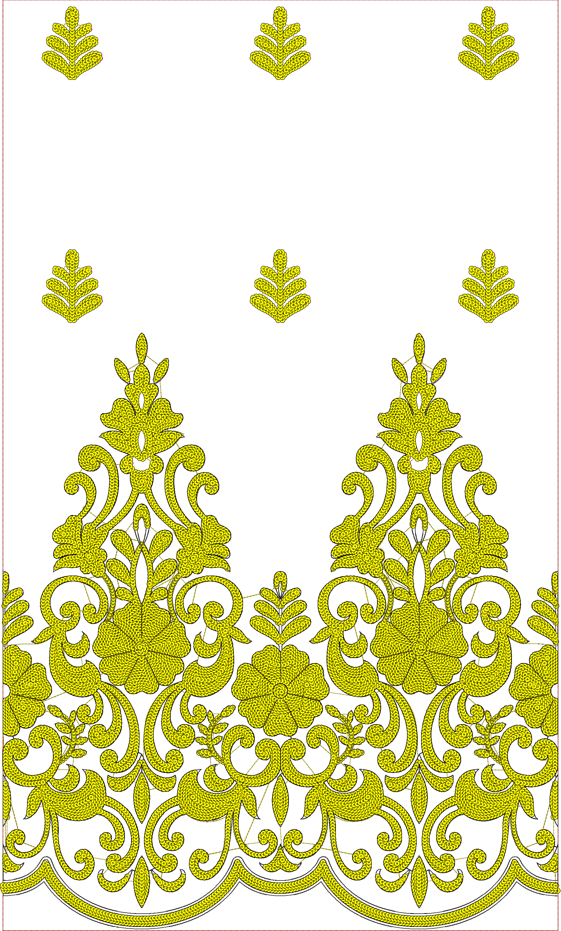 Embroidery design: A yellow embroidery design featuring a repeating ornamental border with floral and foliate motifs, scrollwork, and styli