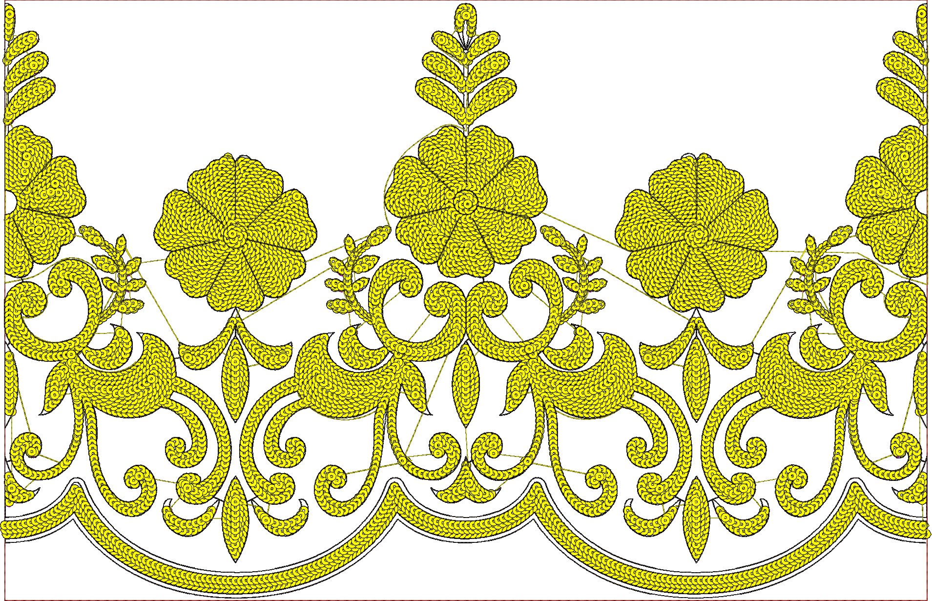 Embroidery design: A yellow floral embroidery border design with symmetrical ornamental and decorative elements, featuring repeating flower