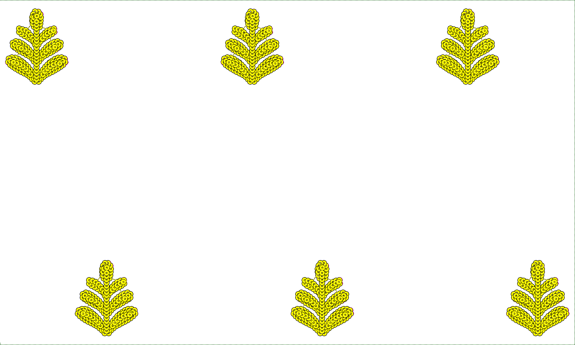 Embroidery design: An embroidery design featuring six identical stylized yellow leaf or fern motifs, arranged symmetrically in two rows of 