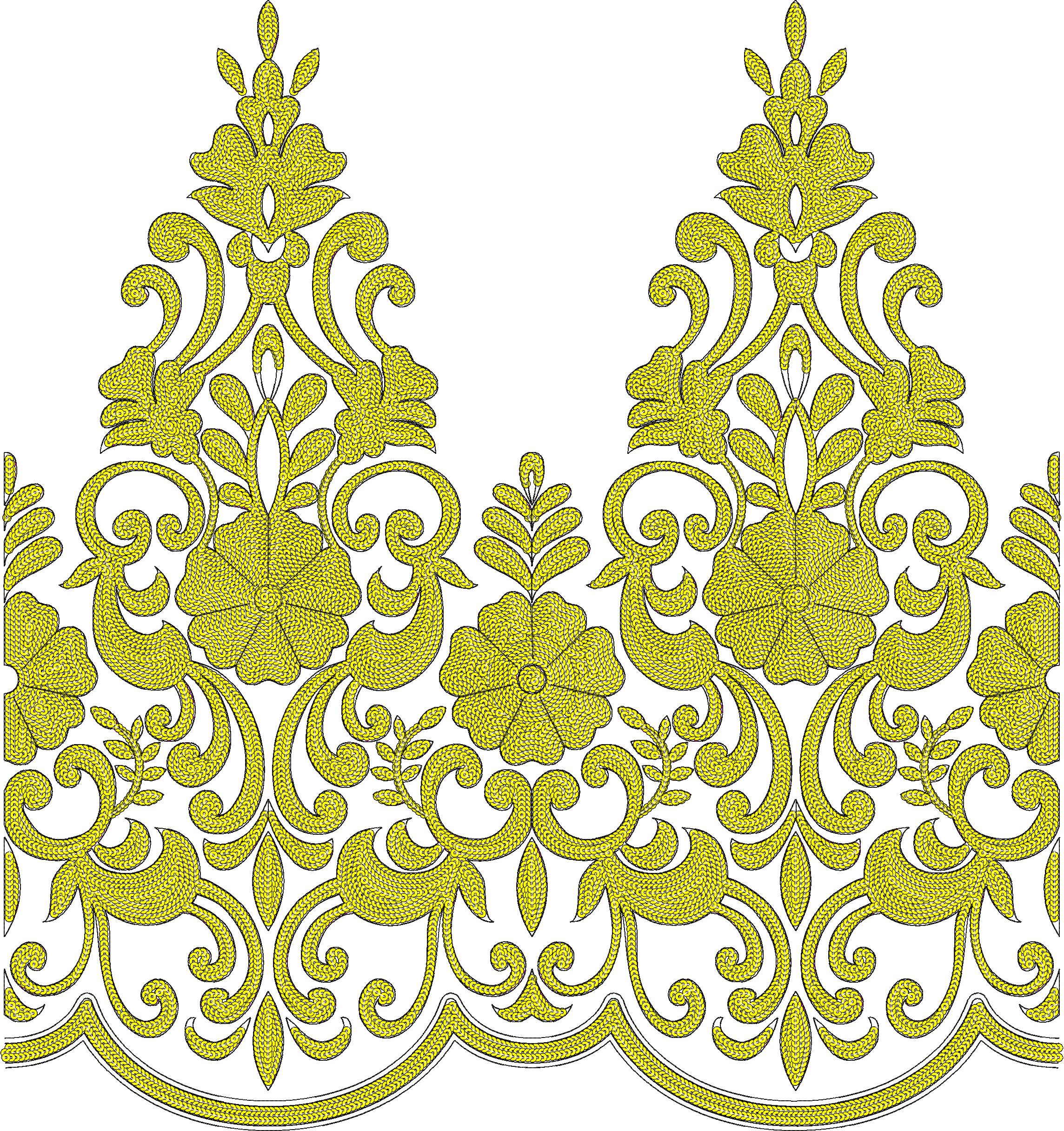 Embroidery design: A yellow embroidered border design with intricate floral, vine, and leaf motifs in a symmetrical and ornamental style.