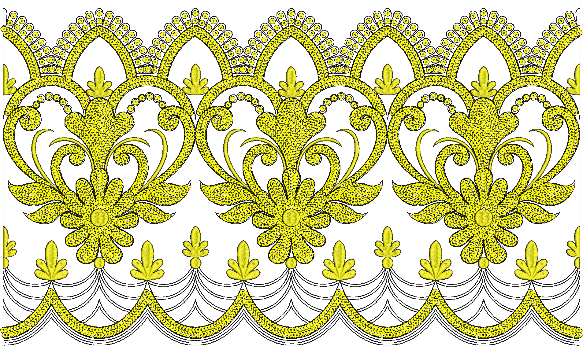 Embroidery design: A yellow and white ornamental border embroidery design with repeating floral and scrollwork motifs in a traditional, sym