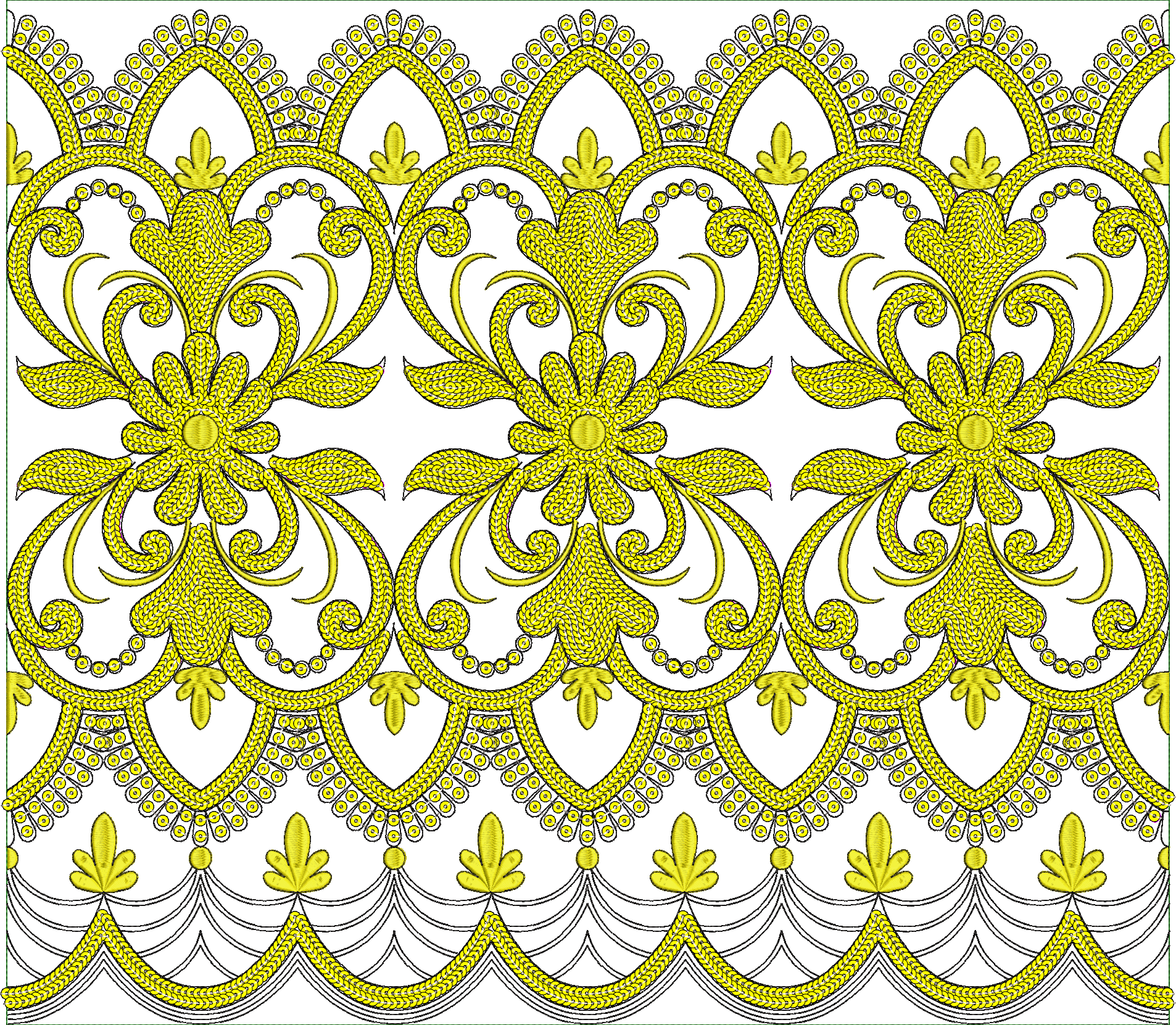 Embroidery design: A repeating horizontal embroidery border with ornate, symmetrical, yellow scrollwork and floral motifs.