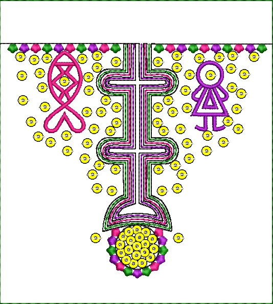 Embroidery design: A decorative embroidery design for a neckline, featuring geometric and symbolic motifs including a fish, a cross, and a 