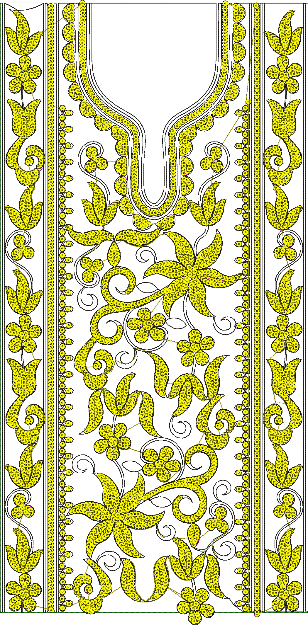Embroidery design: A symmetrical embroidery design in yellow featuring a central neckline embellished with floral and vine motifs, bordered