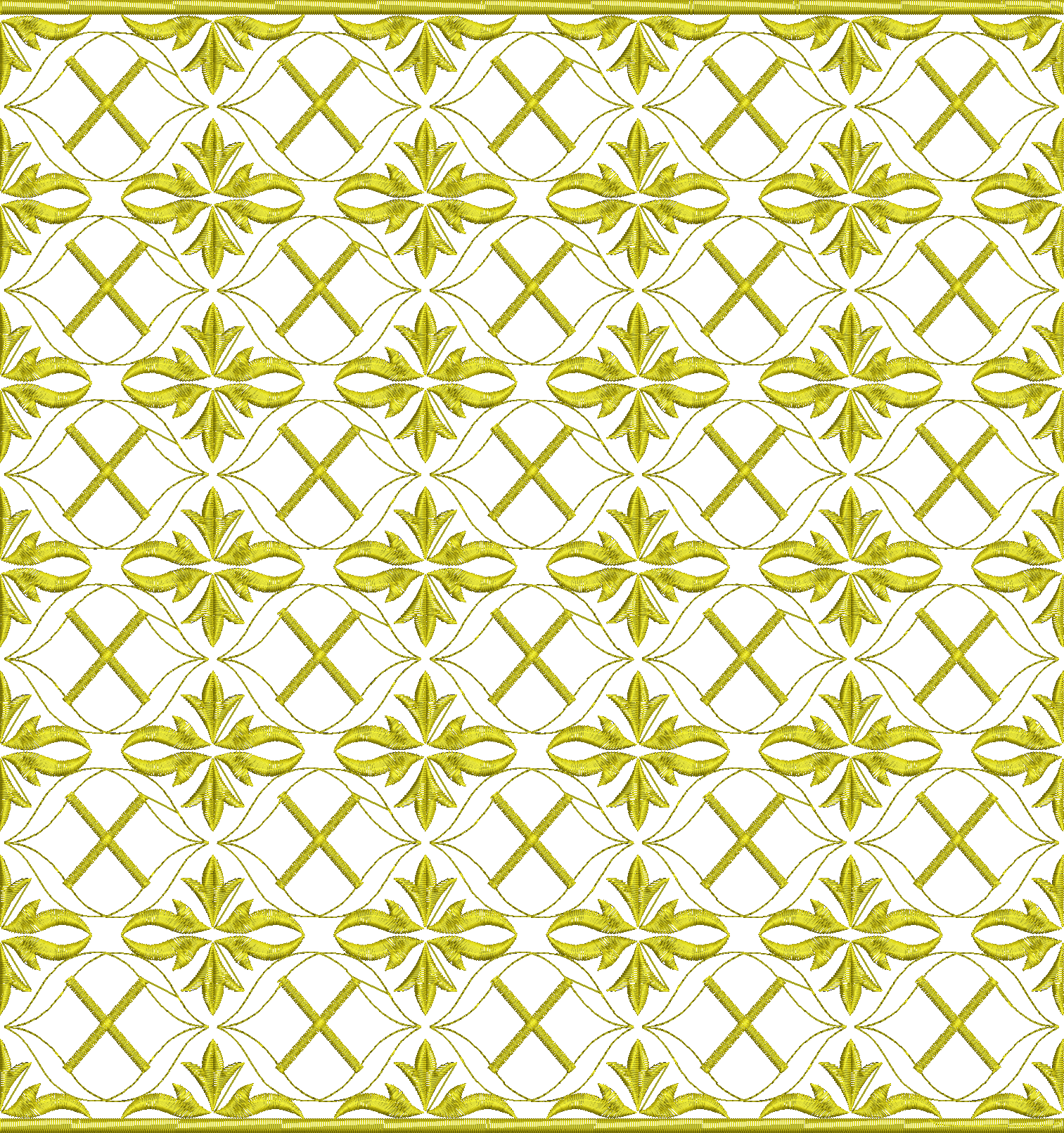 Embroidery design: A gold embroidery design featuring a repeating all-over pattern of stylized floral motifs and geometric lattice elements