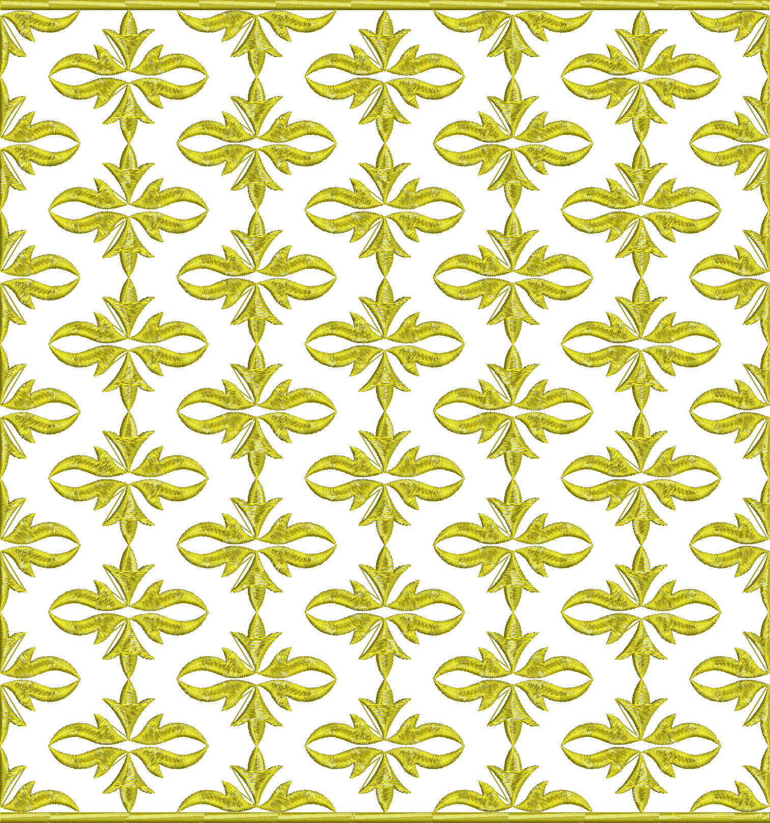 Embroidery design: A repeating, all-over golden-yellow embroidery design with an ornamental and arabesque style, featuring symmetrical moti