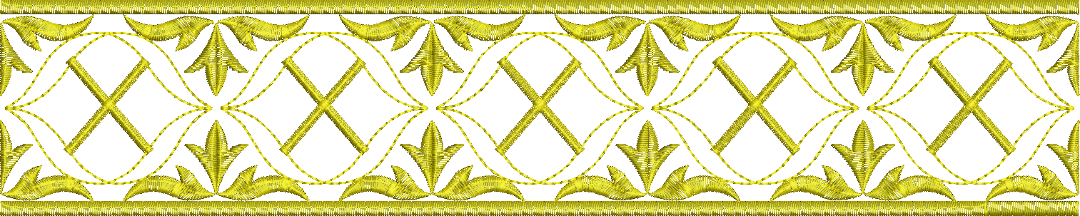 Embroidery design: A gold embroidery border design featuring repeating symmetrical scrollwork and stylized leaf motifs intertwined with geo