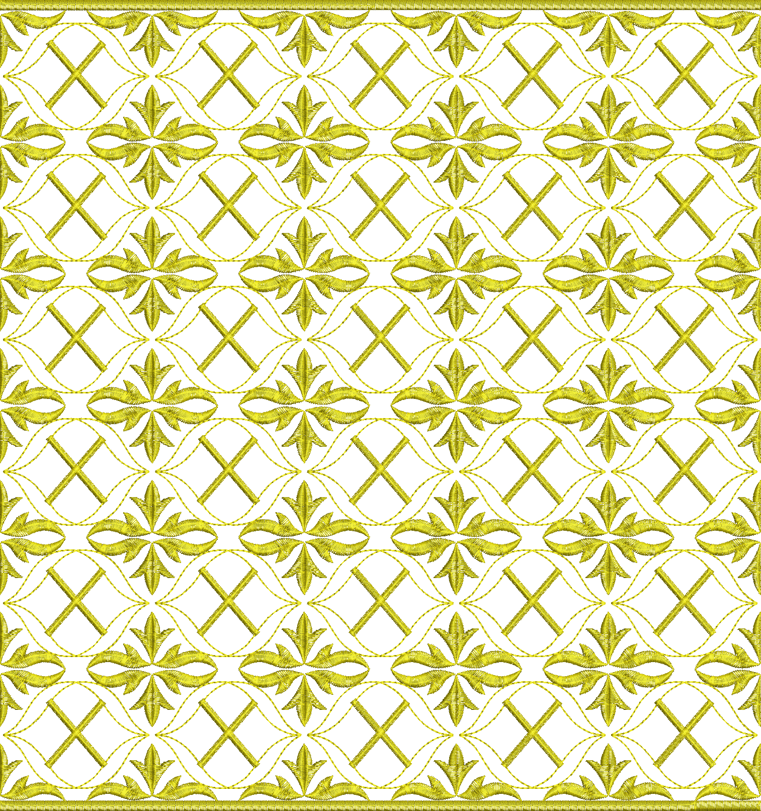 Embroidery design: A symmetrical, repeating all-over embroidery design in gold, featuring ornamental leaf motifs connected by scrollwork an