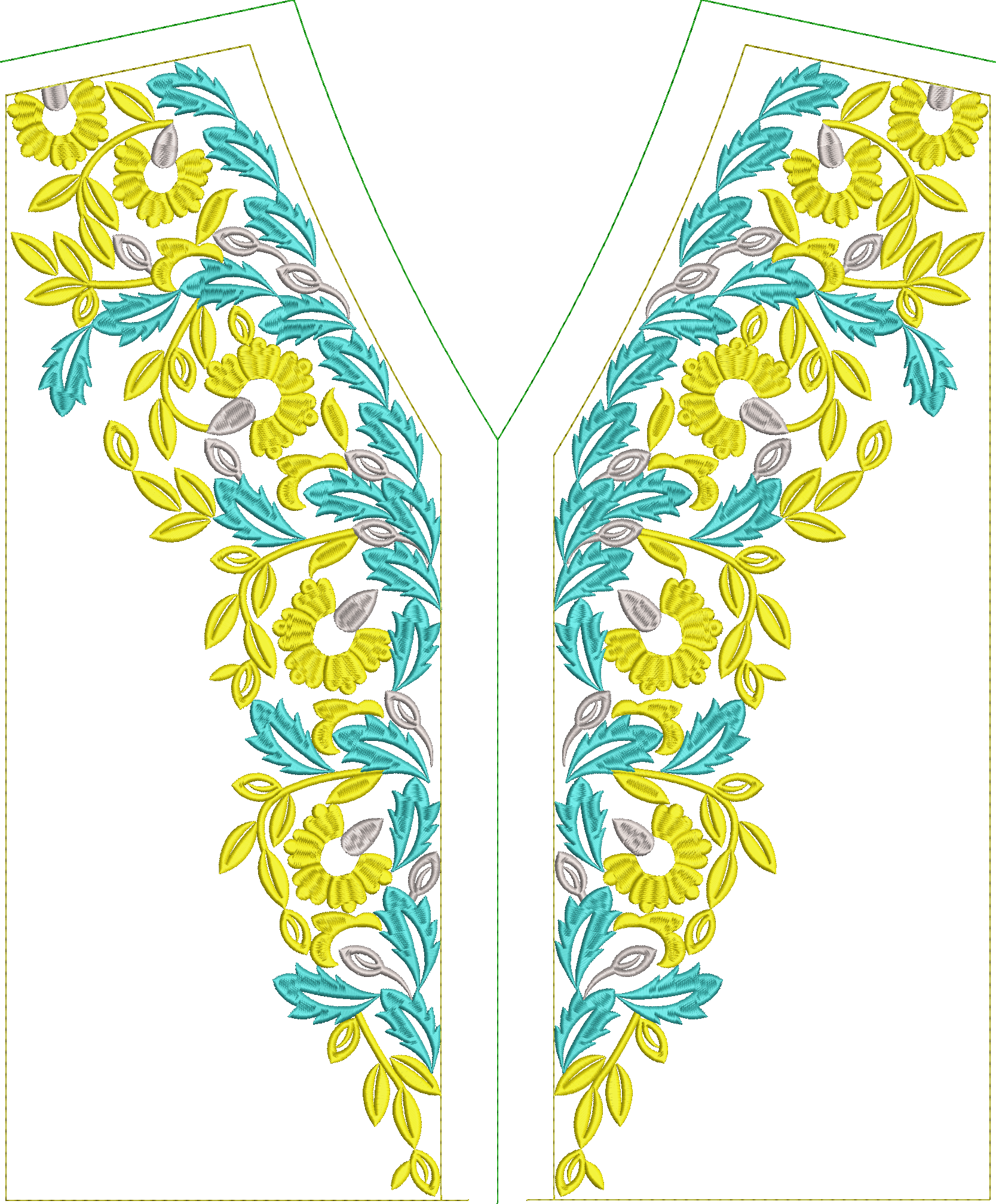 Embroidery design: A symmetrical floral and botanical embroidery design featuring yellow flowers and teal and grey leaves, intended for a n