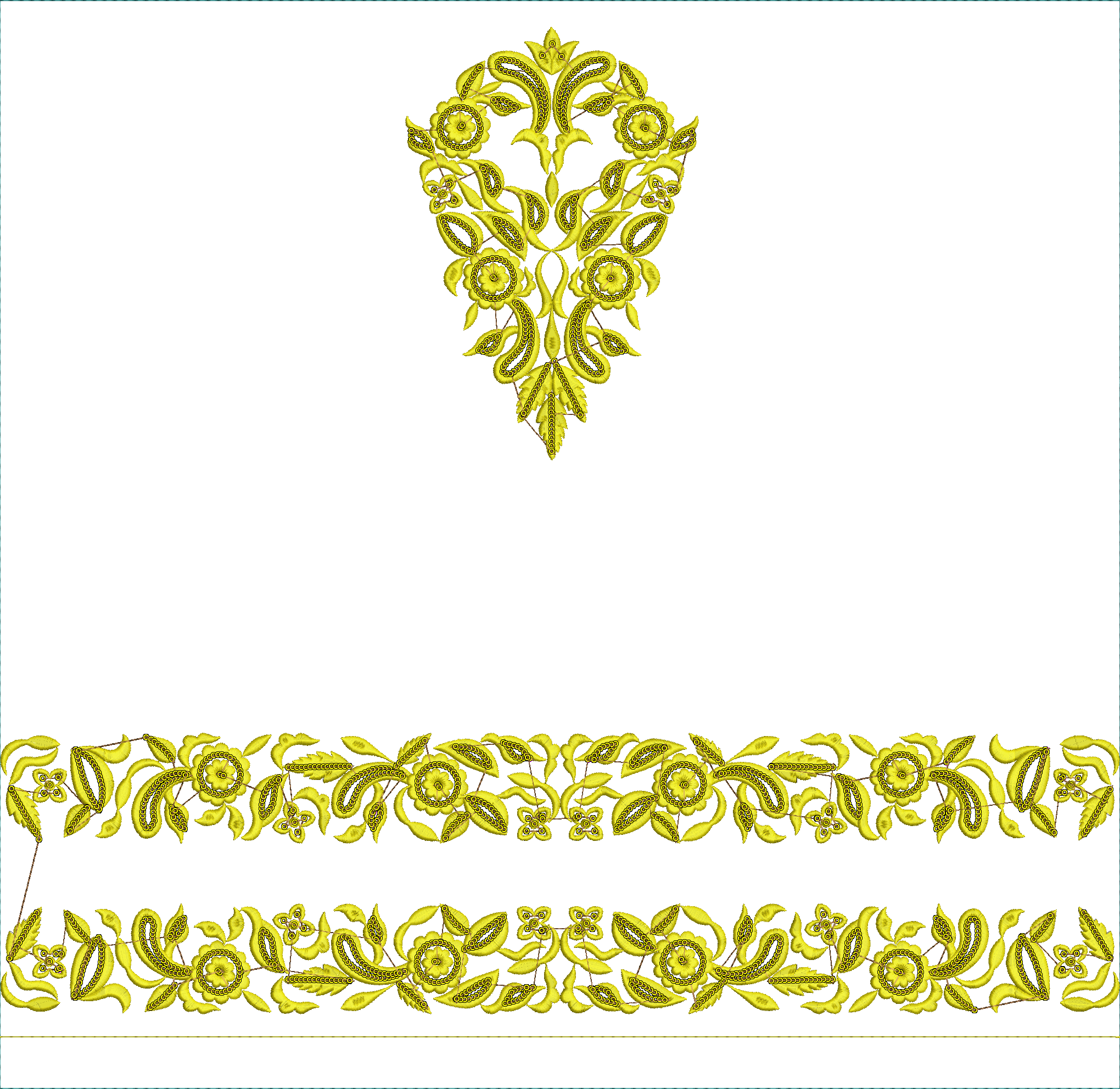 Embroidery design: A symmetrical embroidery design featuring a central ornamental floral motif and two repeating horizontal borders with fl