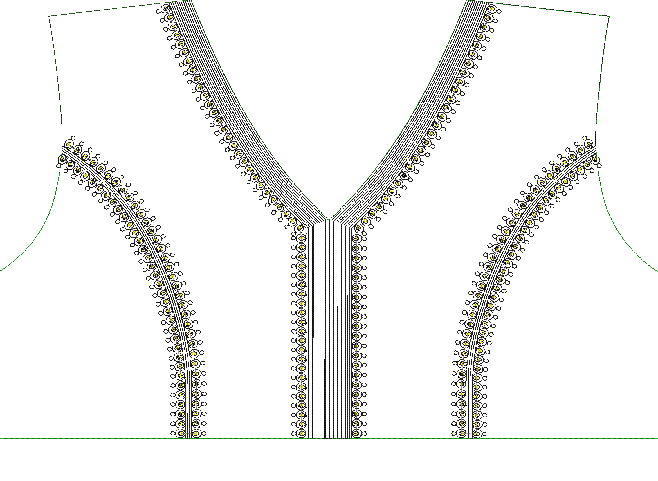 Embroidery design: Embroidery design for a V-neck garment featuring black and gold ornamental and geometric patterns along the neckline and