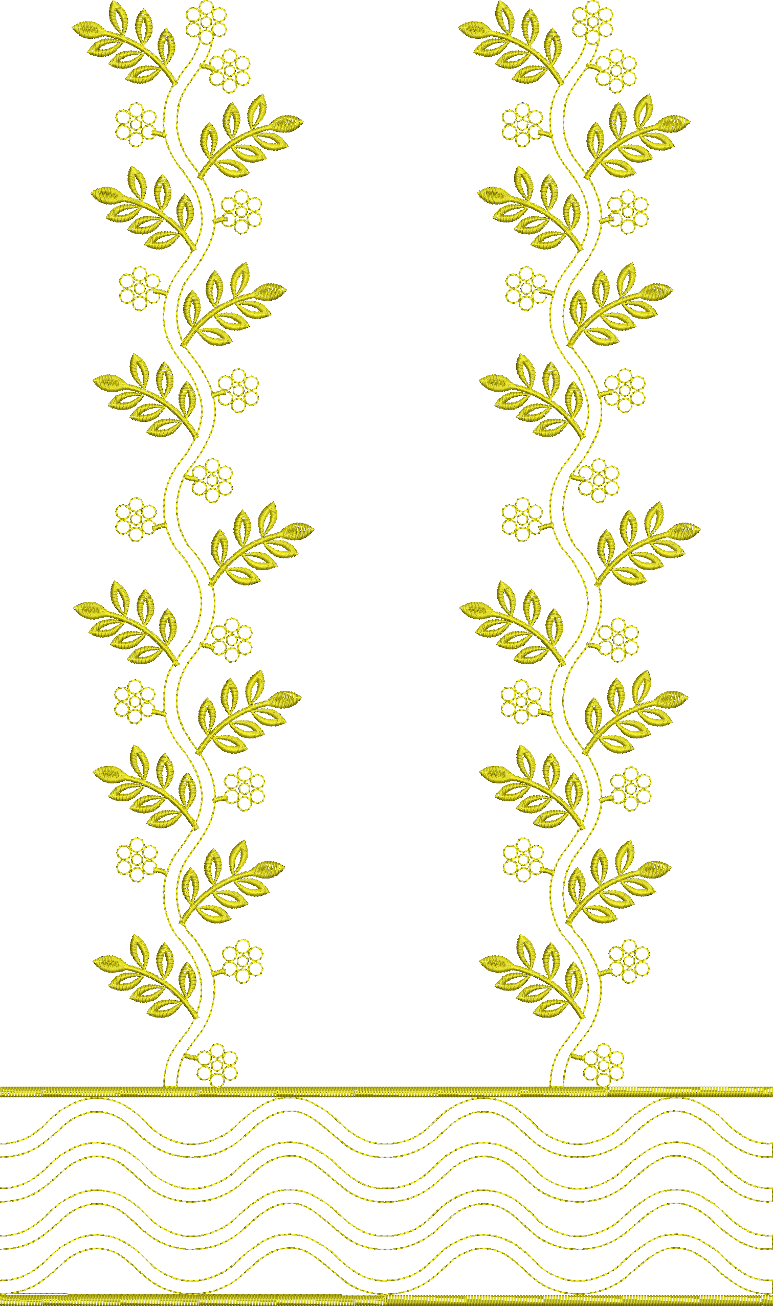 Embroidery design: A vertical embroidery border design with a repeating pattern of golden-yellow vines, leaves, and small flowers, with a w