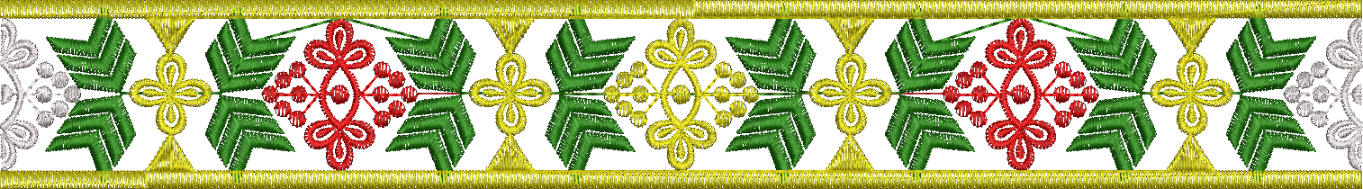 Embroidery design: A decorative gold border embroidery design featuring repeating symmetrical motifs of green foliage, red flowers with ber