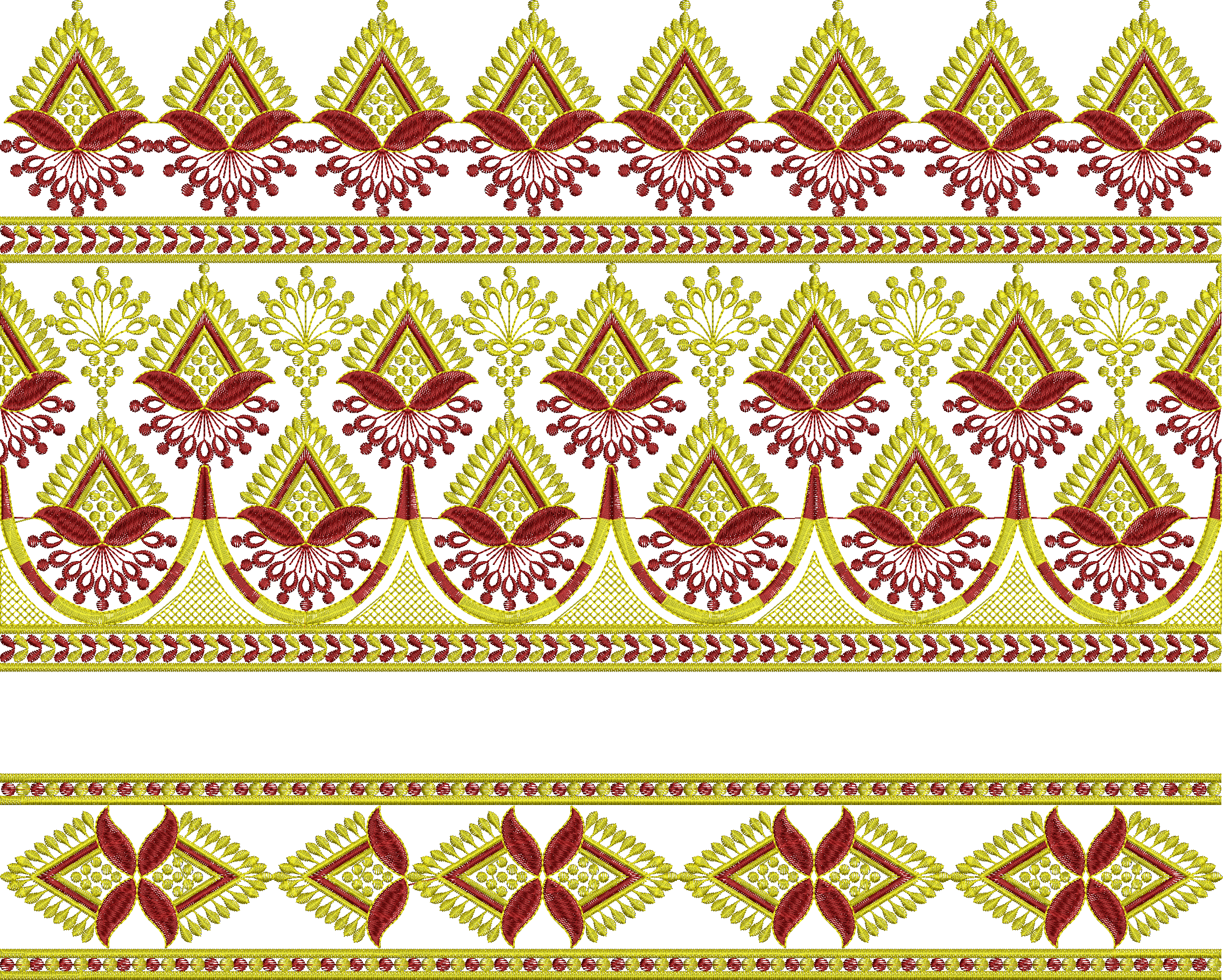 Embroidery design: An ornamental and decorative horizontal border embroidery design in red and gold, featuring repeating symmetrical geomet