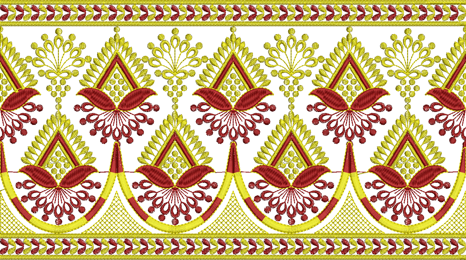 Embroidery design: An ornamental embroidery border design with repeating symmetrical motifs in red and gold, featuring geometric and styliz