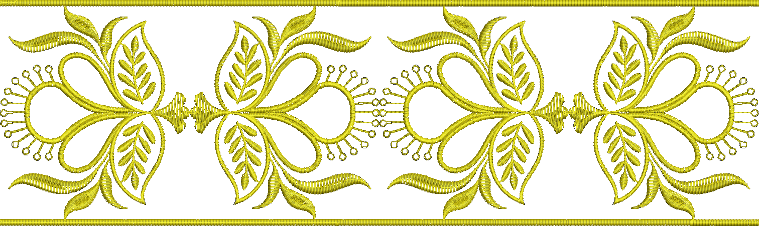 Embroidery design: A golden embroidery border design with repeating symmetrical ornamental motifs featuring stylized leaves and vine-like s