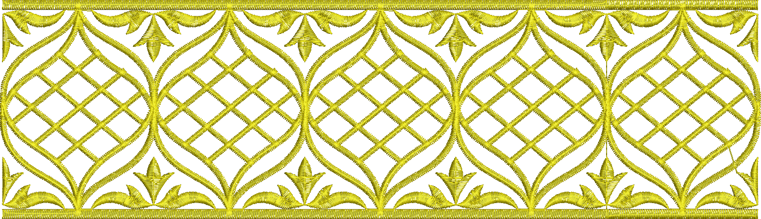 Embroidery design: A golden yellow embroidery border with a repeating symmetrical pattern featuring a central lattice design, scrollwork, a