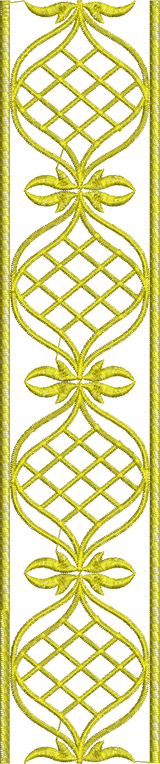 Embroidery design: A vertical golden yellow embroidery border with a repeating ornamental design featuring geometric lattice shapes connect