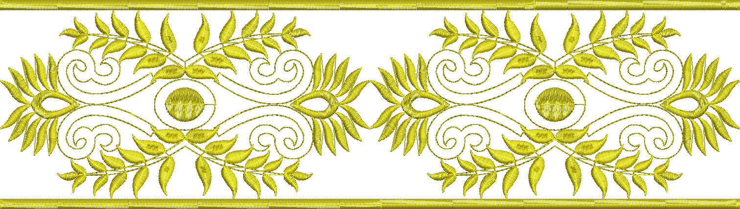 Embroidery design: A symmetrical golden embroidery border design featuring scrolling vines with leaves and oval motifs, suitable for decora