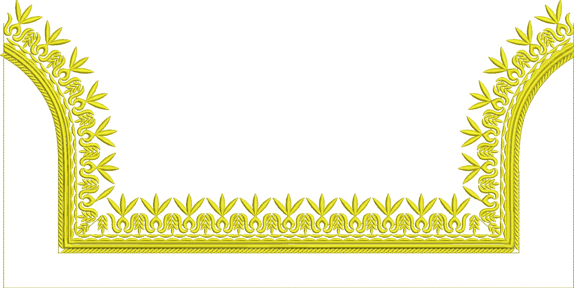 Embroidery design: A decorative golden yellow embroidery border featuring symmetrical repeating leaf and scrollwork motifs.