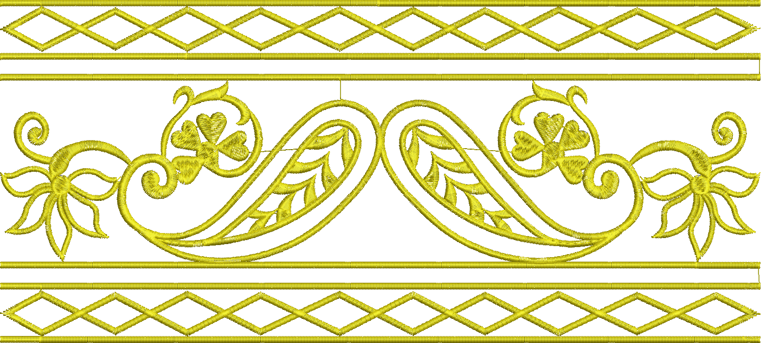 Embroidery design: A decorative gold embroidery border design featuring symmetrical floral and geometric elements with vine motifs.